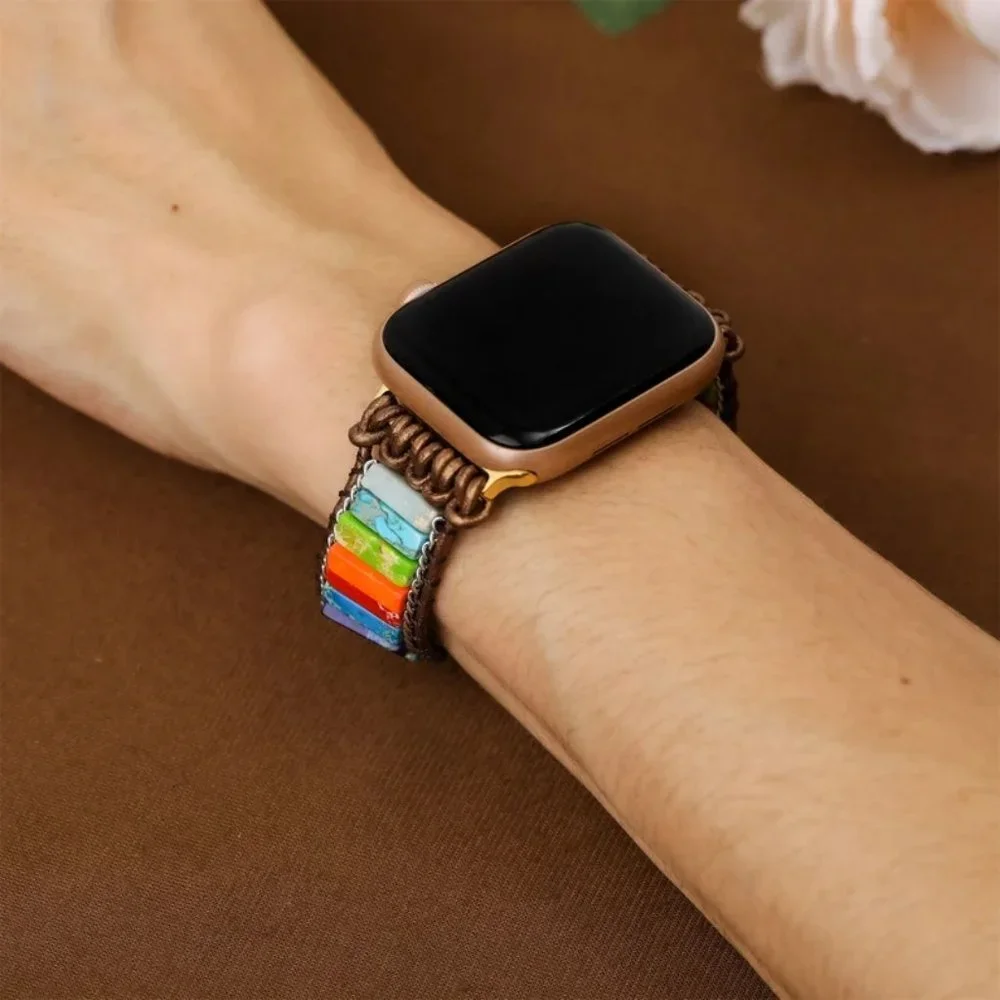 7 Chakra Gemstone Leather Watch Band Strap for Apple Watch 8 7 6 5 / 38 40 41 mm